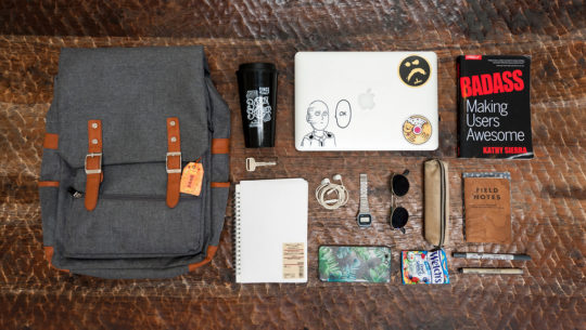Image of book, macbook, notebook, sunglasses, backpack, watch, earphones, pens