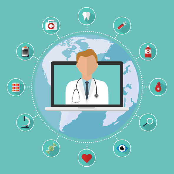 Doctor on internet online laptop for telemedicine with behavioral health medical icon. 