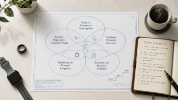 Pre-build blueprint for a preventive health platform showing five archetypes, a seven-question audit, and wearable devices on an executive desk.