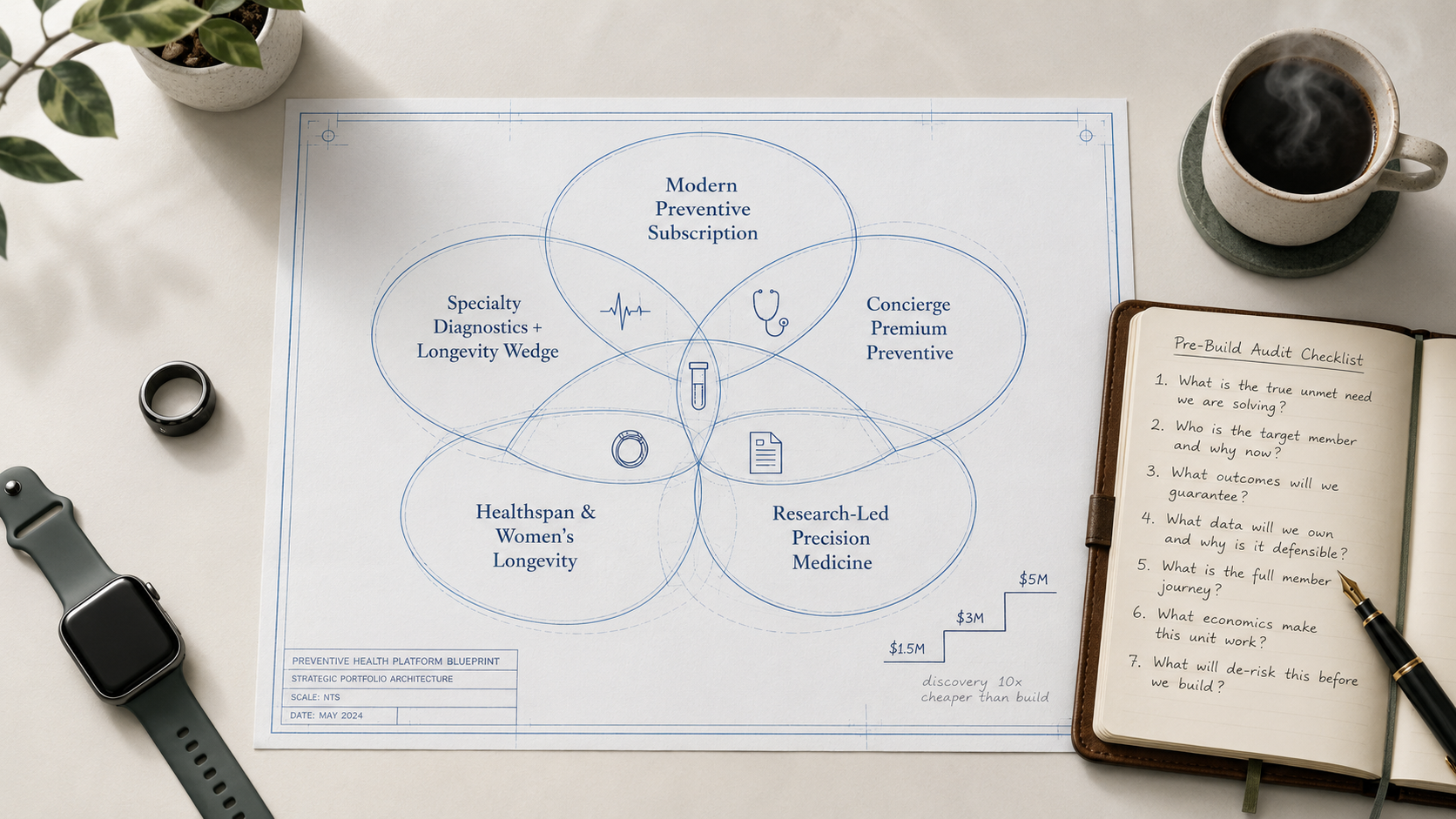 Pre-build blueprint for a preventive health platform showing five archetypes, a seven-question audit, and wearable devices on an executive desk.