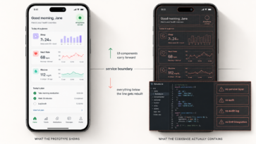 Side-by-side comparison of a vibe-coded healthcare app prototype: polished UI on the left, missing service layer and infrastructure on the right.